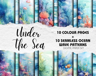 Under The Sea Digital Paper Instant Download Digital Scrapbooking Junk Journal Paper Ocean Waves Watercolour Backgrounds