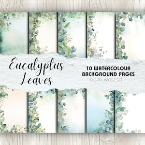 Eucalyptusbladeren Scrapbook Achtergrondpagina's - Pak van 10 | Direct downloaden | Knutselen, digitaal plakboek, afdrukbare uitnodigingsachtergrond
