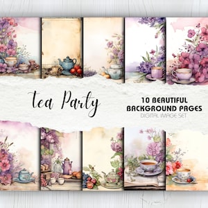Pages d'arrière-plan de scrapbooking Tea Party - Lot de 10 | Téléchargement instantané | Artisanat, Décoration, Journal numérique de déchets, Cartes faites main