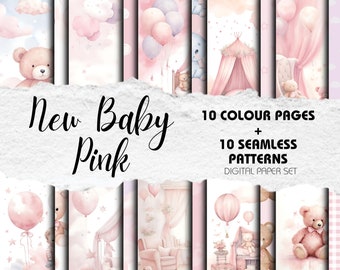 Modèles sans couture pour bébé fille, téléchargement numérique, papier de scrapbooking, arrière-plans aquarelles Shower de bébé