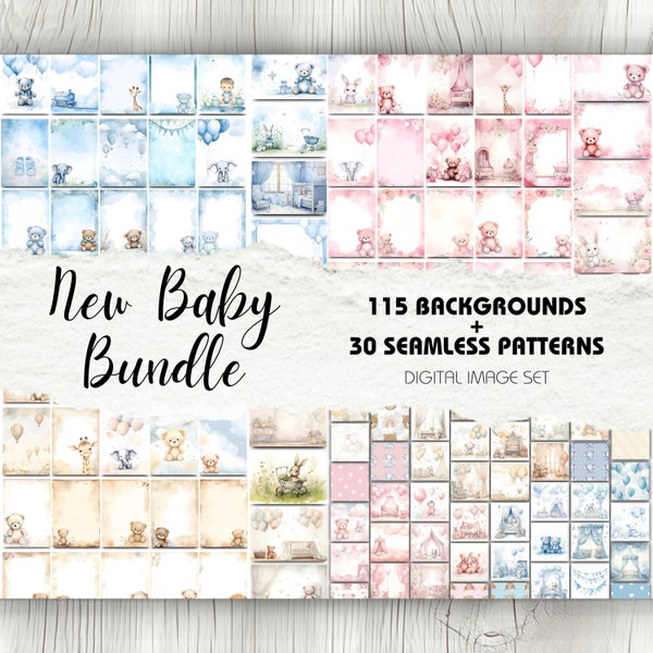 New Baby Bundle - 145 Images | Scrapbook Paper Background Seamless Patterns | Baby Shower, Memory Book, Nursery Decor, Handmade Baby Gifts