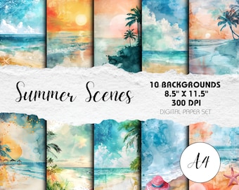 May include: A collection of ten digital watercolor backgrounds with a summer theme. Each background features a beach scene with palm trees, sunsets, and ocean views. The text reads "Summer Scenes", "10 Backgrounds", "8.5" x 11.5"", "300 DPI", and "Digital Paper Set".