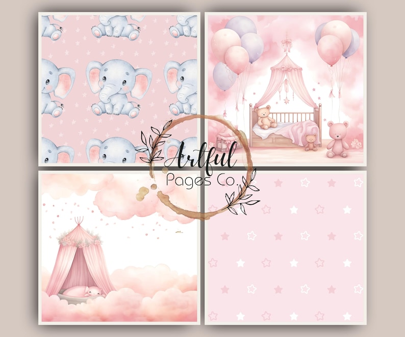 Modèles sans couture pour bébé fille, téléchargement numérique, papier de scrapbooking, arrière-plans aquarelles Shower de bébé image 5