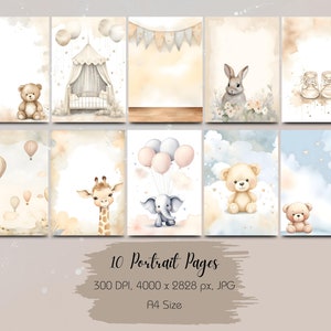 New Baby Neutral A4 15 Watercolour-Style Scrapbook Backgrounds Instant Download Baby Memories, Boy or Girl image 2