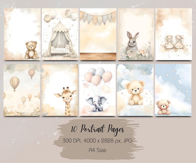 New Baby Neutral A4 15 Watercolour-Style Scrapbook Backgrounds Instant Download Baby Memories, Boy or Girl image 2