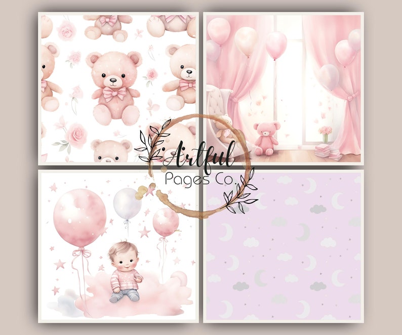 Modèles sans couture pour bébé fille, téléchargement numérique, papier de scrapbooking, arrière-plans aquarelles Shower de bébé image 6