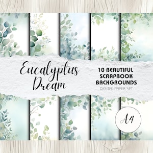 Eucalyptusbladeren Scrapbook-achtergrondpagina's, 10 stuks - A4-formaat | Direct downloaden | Digitaal plakboek, afdrukbare uitnodigingsachtergrond