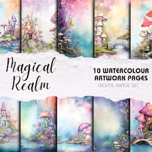 Œuvres d'aquarelle du royaume magique - Pack de 10 | Téléchargement instantané | Artisanat, Décor, Sublimation, Scrapbook numérique