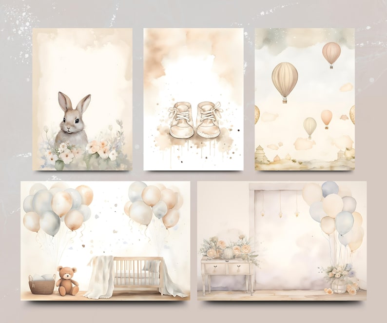 New Baby Neutral A4 15 Watercolour-Style Scrapbook Backgrounds Instant Download Baby Memories, Boy or Girl image 7