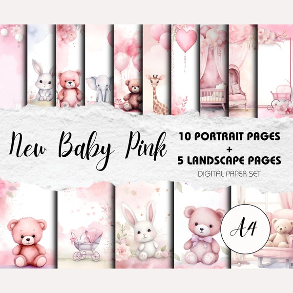 New Baby Pink A4 - 15 Watercolour-Style Scrapbook Backgrounds | Instant Download | Baby Girl Memories