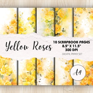 Rosas Amarelas - 10 Páginas de Fundo Tamanho A4 | Download Digital | Papel Imprimível para Páginas de Scrapbook e Diário, Cartões Feitos à Mão, Artesanato em Papel