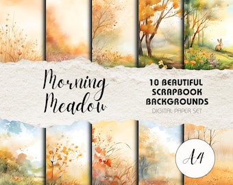 May include: A digital paper set with 10 watercolor backgrounds featuring autumnal landscapes. The set is titled "Morning Meadow" and includes the text "10 Beautiful Scrapbook Backgrounds Digital Paper Set" and "A4".