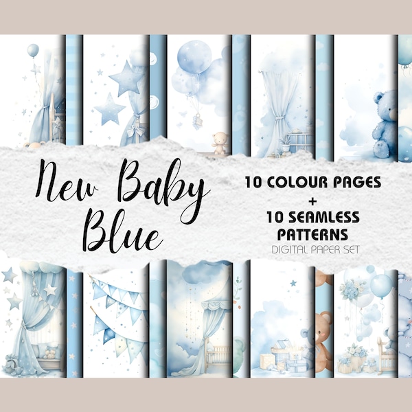 Baby Boy Seamless Patterns Digital Download Scrapbook Paper Watercolour Backgrounds Baby Shower