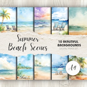 Escenas de playa de verano - 10 fondos A4 de acuarela de ensueño para álbumes de recortes y diarios basura, descarga instantánea, páginas imprimibles