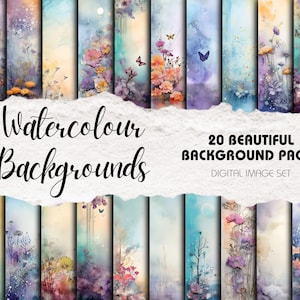 Achtergronden met aquarel bloemen en vlinders: 20 vierkante afbeeldingen (digitale download)