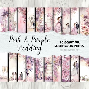 Páginas para álbumes de recortes de bodas: paquete de 20, descarga instantánea, diseño floral en acuarela, rosa suave y lila, libro de bodas imprimible, regalo hecho a mano