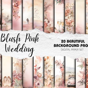 Kit de scrapbooking de mariage | Papiers peints floraux aquarelles pour scrapbooking - Lot de 20 | Téléchargement instantané | Décoration de mariage rose poudré
