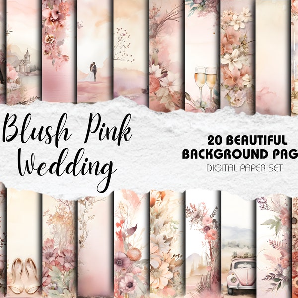 Wedding Scrapbook Kit | Watercolour Floral Scrapbook Backgrounds - Pack of 20 | Instant Download | Blush Pink Wedding Decor
