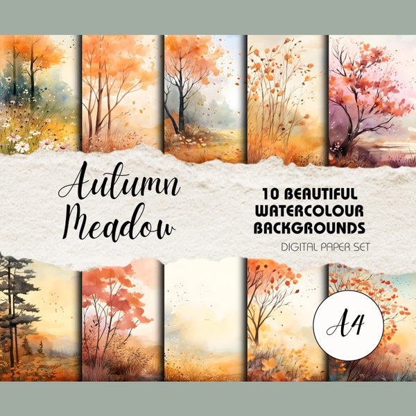 Autumn Meadow - 10 Watercolour Scrapbook Backgrounds | Instant Download | Fall Scenic Landscapes Crafting, Digital Scrapbook, Journalling