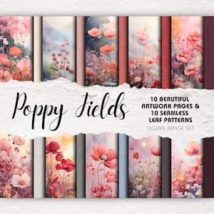 Poppies Digital Download Scrapbook Pages, Seamless Leaf Pattern, Poppy Flowers Scrapbooking Kit, Floral Junk Journal Paper