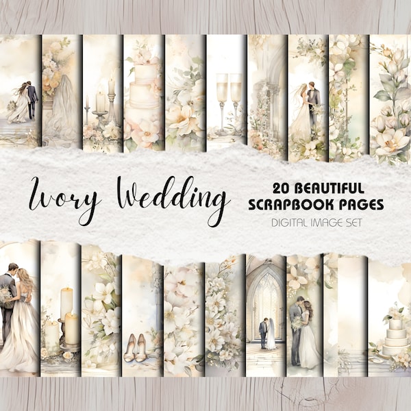 Kit de scrapbooking de mariage | Fonds de scrapbook floral aquarelle - Pack de 20 | Téléchargement instantané | Décor de mariage blanc ivoire