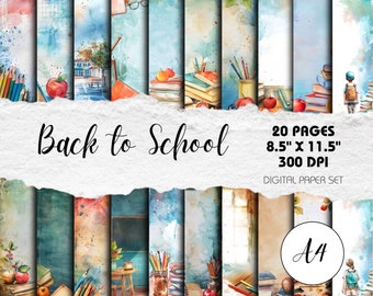 May include: A digital paper pack with 20 pages featuring watercolour illustrations of school supplies, books, and apples. The pages are 8.5 inches by 11.5 inches and 300 DPI. The text "Back to School" is at the top of the image.