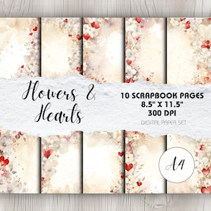 Flores e Corações - 10 Páginas A4 para Imprimir | Download Instantâneo | Fundos para Scrapbook, Papel para Artesanato para Imprimir, Cartões Feitos à Mão
