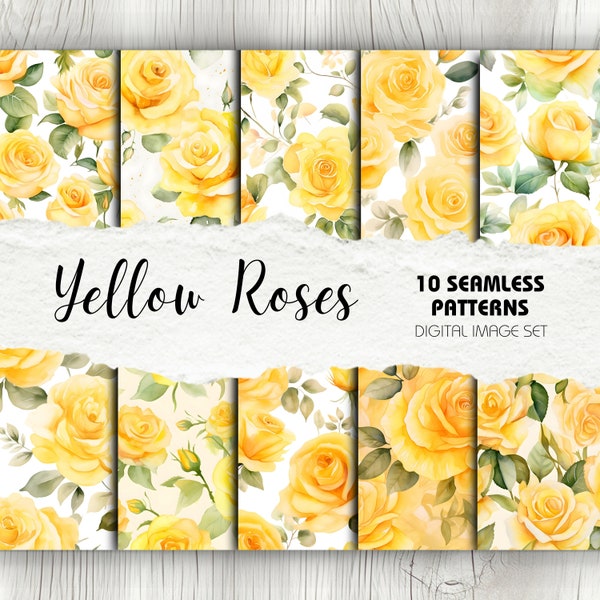 10 Seamless Patterns -  Yellow Roses | Instant Download | Valentines Day Crafts, Digital Scrapbook, Handmade Cards, Love, Wedding Book