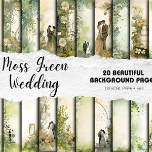Kit de scrapbooking de mariage | Papiers peints floraux aquarelles pour scrapbooking - Lot de 20 | Téléchargement instantané | Décoration de mariage vert mousse