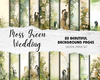 Wedding Scrapbook Kit | Watercolour Floral Scrapbook Backgrounds - Pack of 20 | Instant Download | Moss Green Wedding Decor