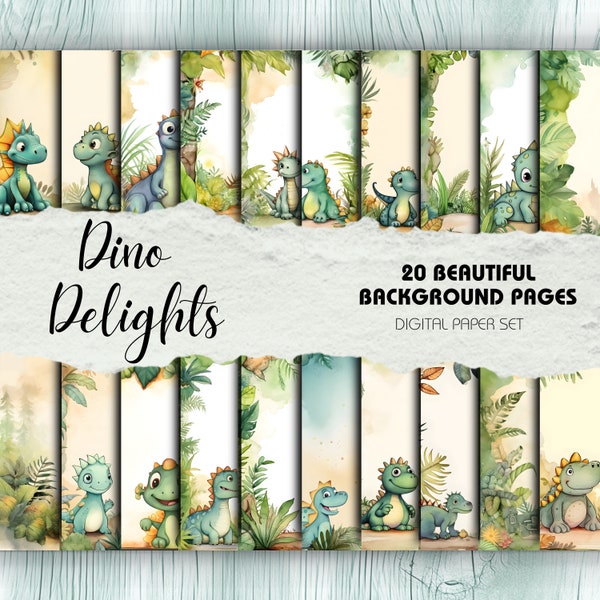 Cute Dinosaur Scrapbook Background Pages, Digital Download, Kids Birthday Scrapbook Paper, Watercolour Dinosaurs