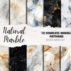 Puede incluir: Un conjunto de imágenes digitales de 10 patrones de mármol sin costuras. Los patrones presentan varios colores, incluyendo blanco, negro, gris y dorado. El texto "Natural Marble" y "10 Seamless Marble Patterns Digital Image Set" está incluido en la imagen.
