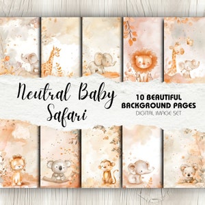 Páginas con tema de safari para bebés recién nacidos en tonos neutros x10 / Papel de fondo cuadrado para álbum de recortes con acuarela para baby shower, tema lindo para niño o niña
