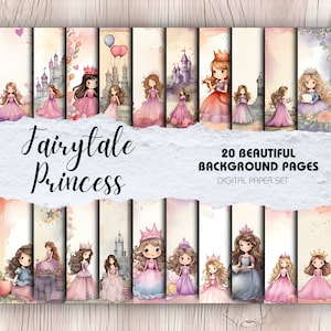 Pretty Princess Scrapbook-achtergrondpagina's, pak van 20 | Digitale download | Kinderverjaardag plakboekpapier, aquarel sprookje