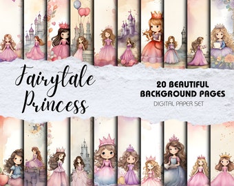 Páginas de fondo de Pretty Princess Scrapbook, paquete de 20 / Descarga digital / Papel de álbum de recortes de cumpleaños para niños, Cuento de hadas de acuarela