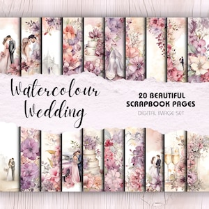 Aquarell Hochzeit Scrapbook Hintergründe - Pack mit 20 Seiten | Sofortdownload | Rosa Hochzeit Tagebuch, Journal Seiten, Geschenk Hochzeit