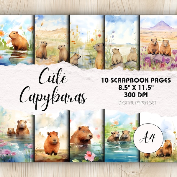 Cute Capybaras A4 - 10 Watercolour-Style Scrapbook Pages | Digital Download | Junk Journalling, Printable Birthday Cards, Handmade Gifts