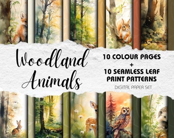 Digital Download Scrapbooking Paper Woodland Forest Animals Artwork Seamless Pattern Leaves Watercolour Backgrounds