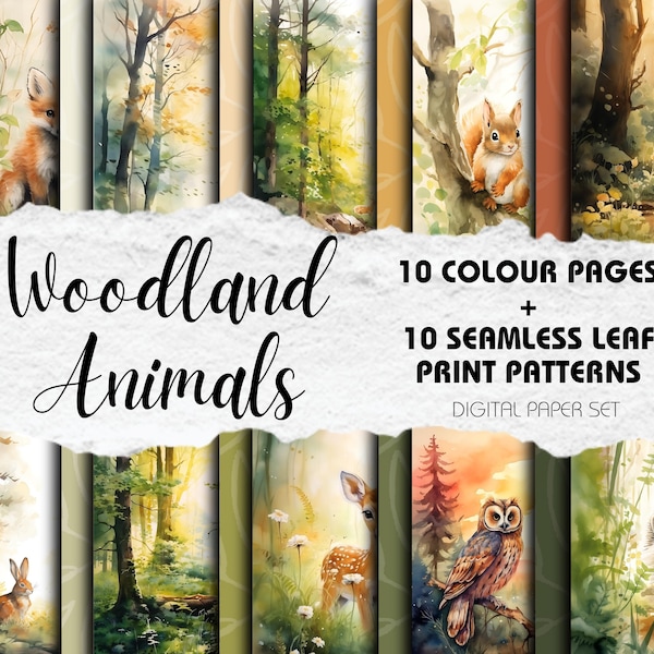 Digital Download Scrapbooking Paper Woodland Forest Animals Artwork Seamless Pattern Leaves Watercolour Backgrounds