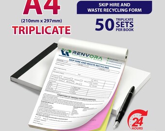 Personalised A4 Triplicate / Skip Hire and Waste Recycling Form / 50 Sets per Book