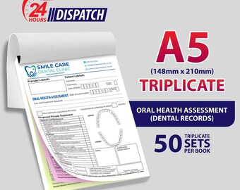Personalised A5 Triplicate / Oral Health Assesment (Dental Records) / 50 Sets per Book