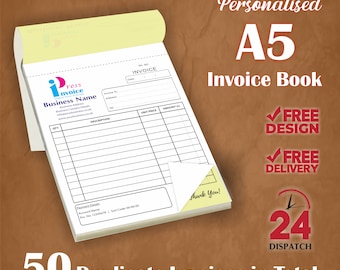 Personalised A5 Duplicate Invoice Book / Bill Book / NCR Pad / Receipt Book Printing, 50 Sets per Book