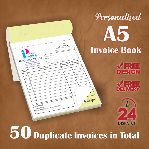 Personalised A5 Duplicate Invoice Book / Bill Book / NCR Pad / Receipt Book Printing, 50 Sets per Book