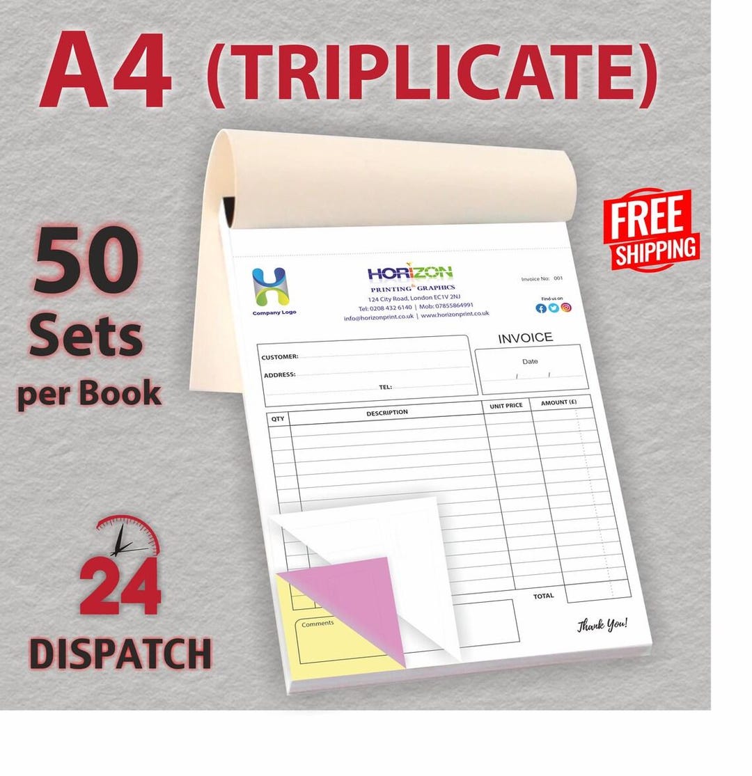 Triplicate Set A4 Triplicate Custom Printed Invoice Book / Receipt Book / NCR Pad ...
