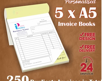 5 x A5 personalizados duplicados de libros de facturas, libros de facturas, blocs NCR, impresión de libros de recibos, 250 juegos duplicados en total