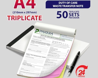 Personalised A4 Triplicate / Duty of Care Waste Transfer Note / 50 Sets per Book