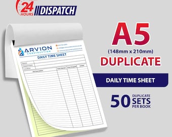Personalised A5 Duplicate / Daily Time Sheet / 50 Sets per Book