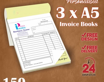 3 x A5 Personalised Duplicate Invoice Books / Bill Books / NCR Pads / Receipt Books Printing, 150 Duplicate Sets in Total