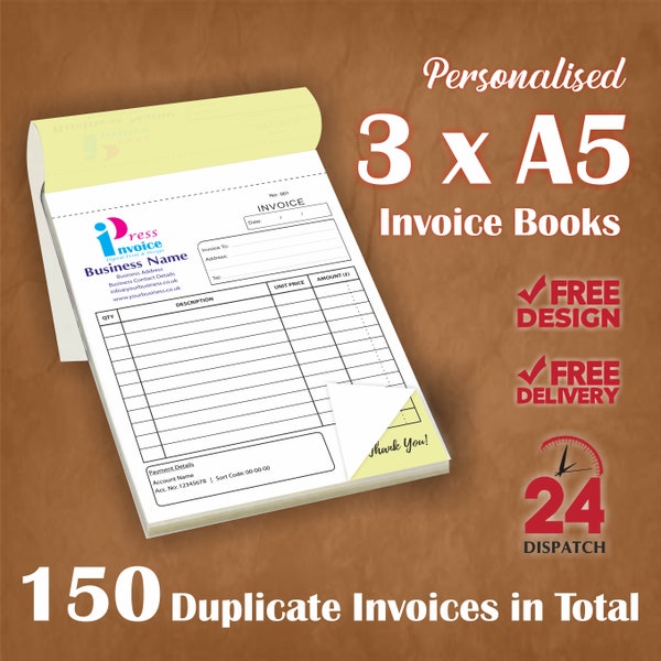 3 x A5 Personalised Duplicate Invoice Books / Bill Books / NCR Pads / Receipt Books Printing, 150 Duplicate Sets in Total