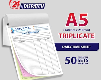 Personalised A5 Triplicate / Daily Time Sheet / 50 Sets per Book